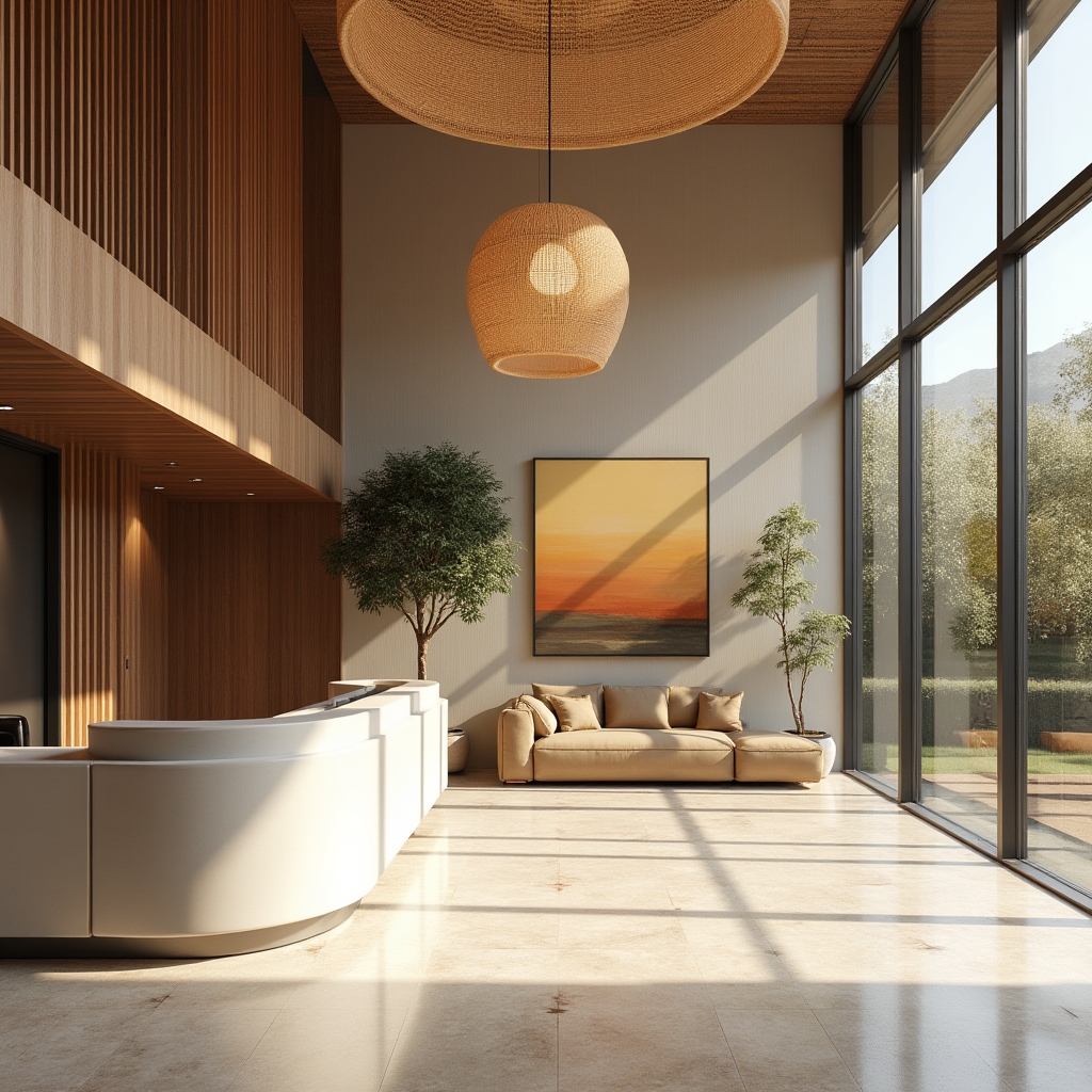 Modern residential lobby with warm lighting and curated furniture arrangement