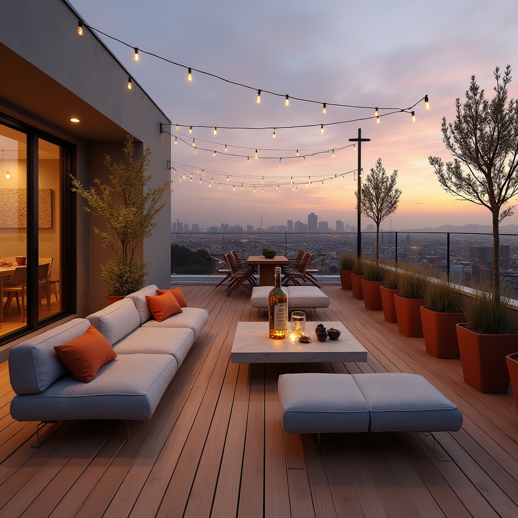 Designed rooftop terrace of residential development with outdoor seating and city views