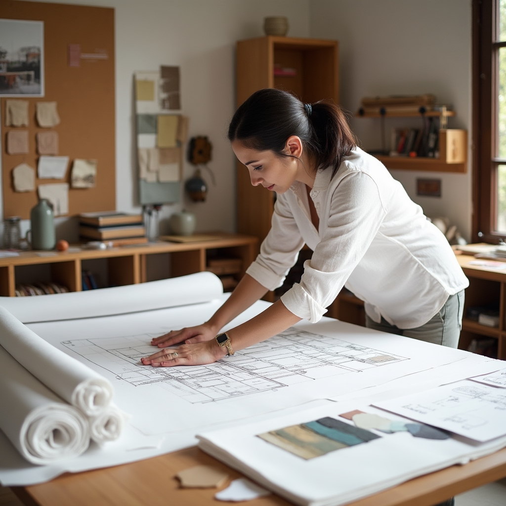 Axqentora design studio workspace with architectural drawings and material samples