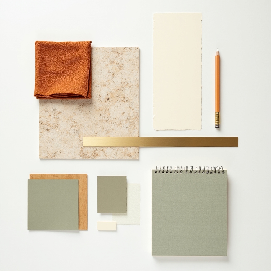 Interior design material samples including fabric swatches, wood finishes and stone tiles
