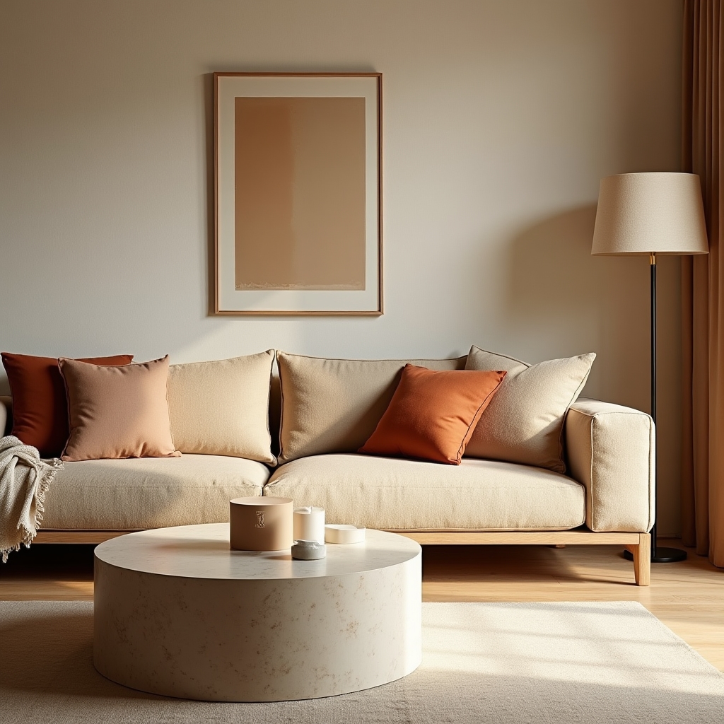 Styled pilot apartment living room with natural materials and contemporary furniture