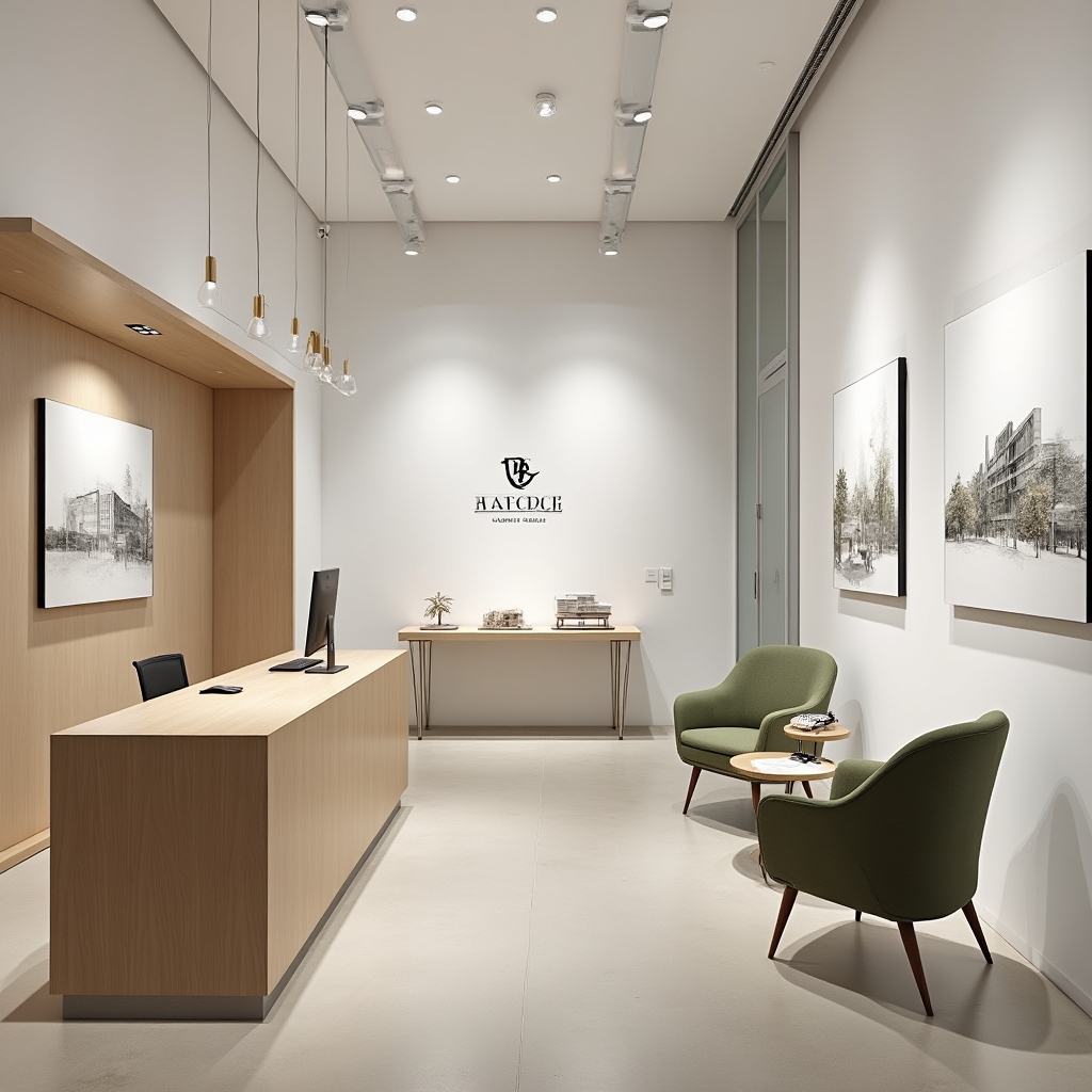 Contemporary real estate commercial showroom with branded displays and consultation area