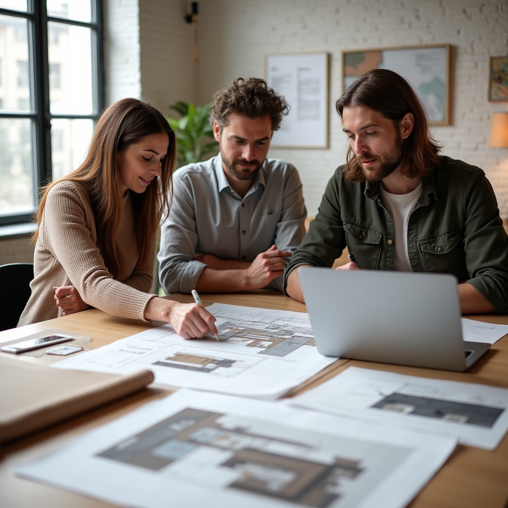 Axqentora team members reviewing design plans together around a large studio table