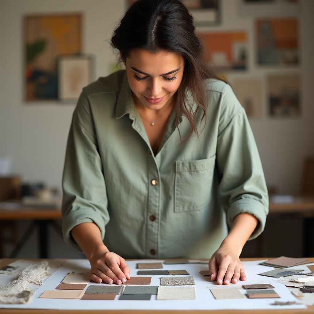 Interior designer arranging material samples and color palettes on a studio table