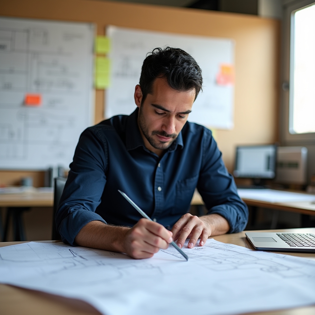 Project coordinator working at desk with architectural drawings and material samples